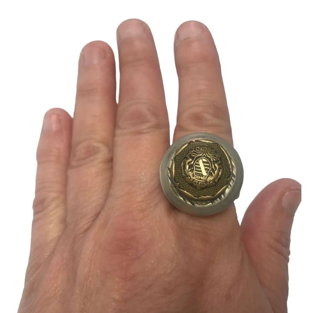 Handmade Silver Tone Womens Stretch Ring Made with Vintage Brass Uniform Button